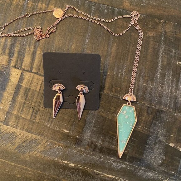 New Mint Mongoose Art Deco Style Rose Gold Colored Aqua Earring Necklace Set - Picture 1 of 4